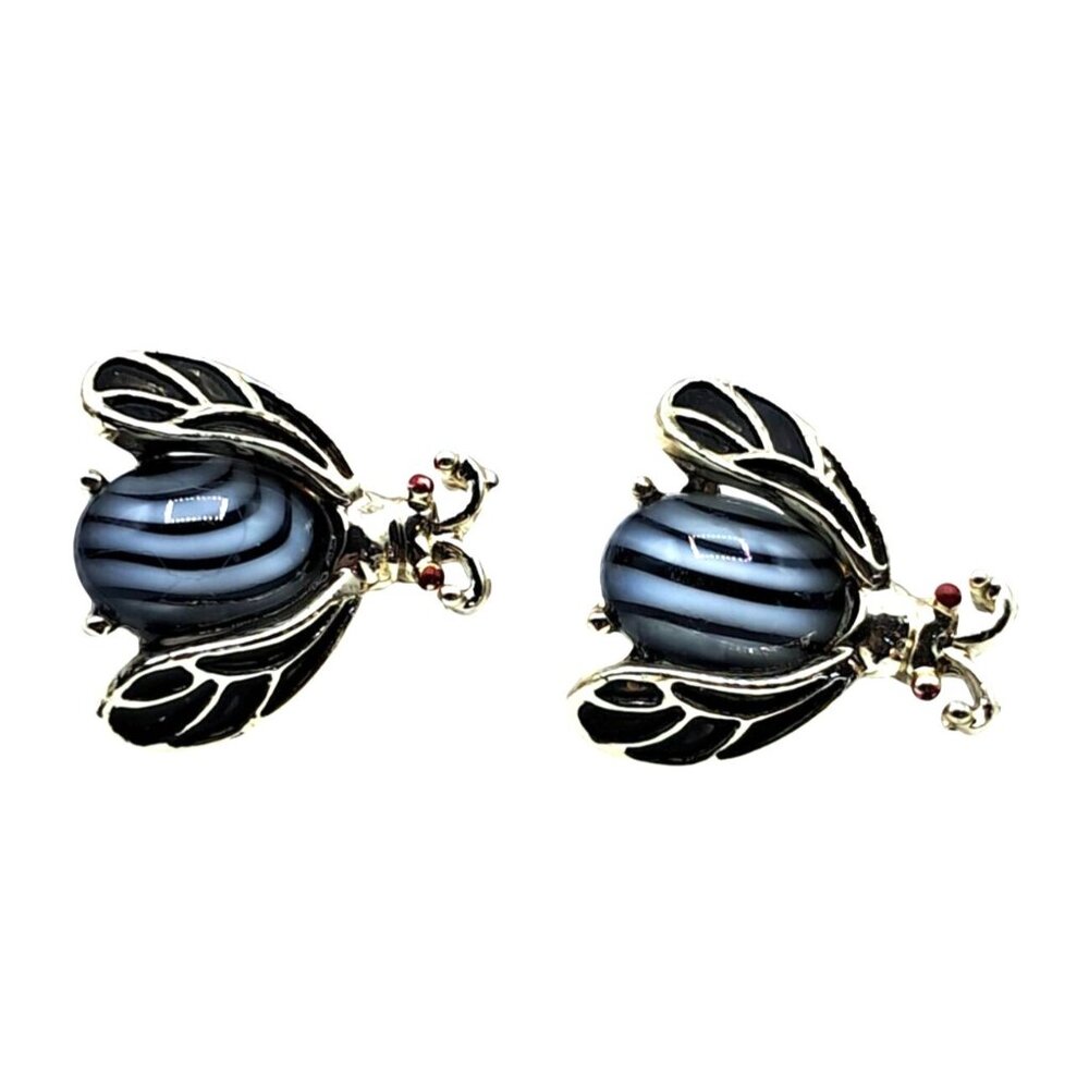 Vintage Art Glass Scatter Pins Fly Bee Pair‎ Brooches Striped Cabochons Enameled